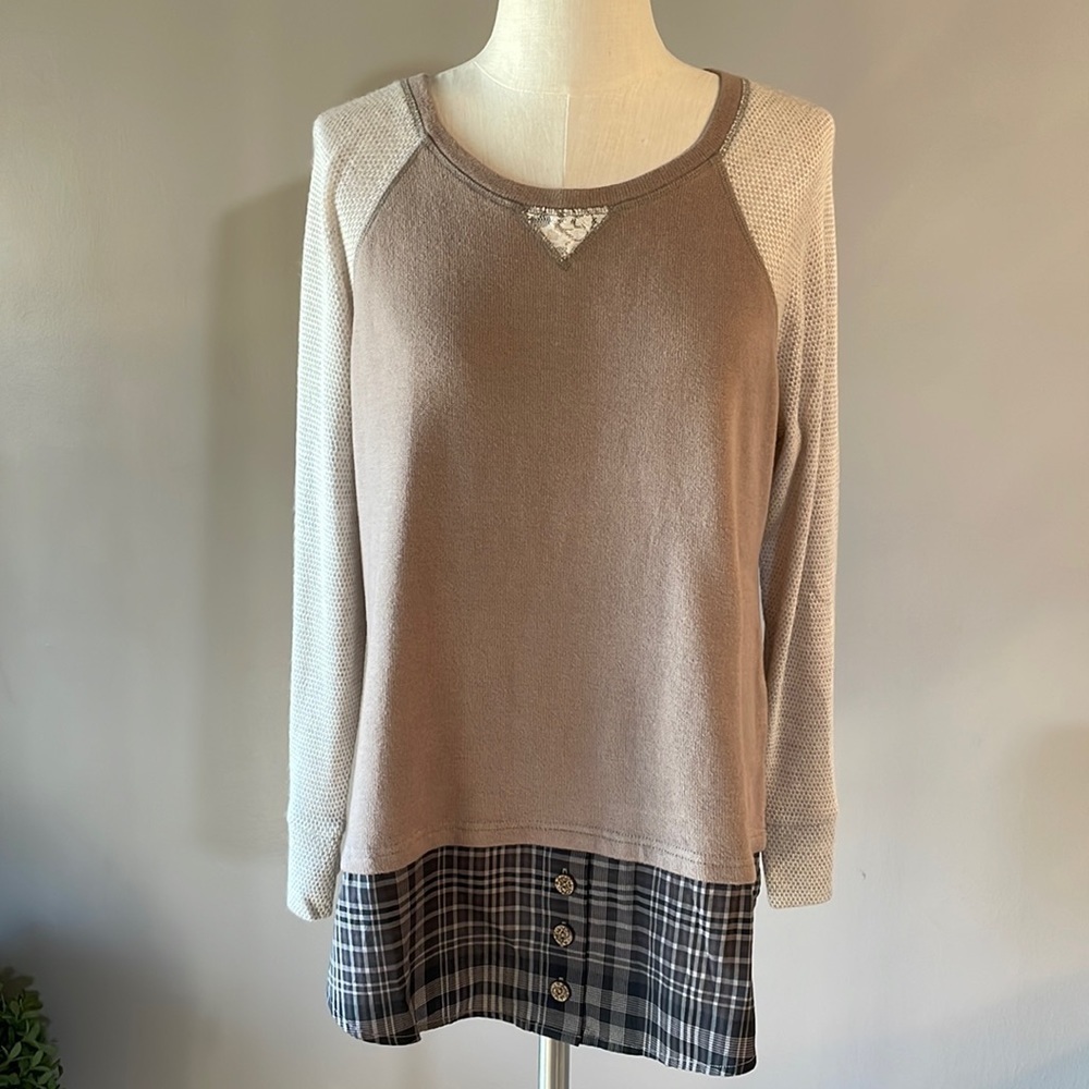 Soft Surroundings Mix media knit sweatshirt top under shirt look L/S  size PL